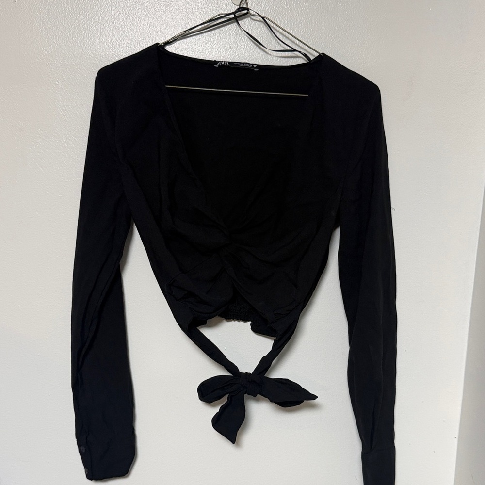 Zara Elegant Black Tie-Front Blouse